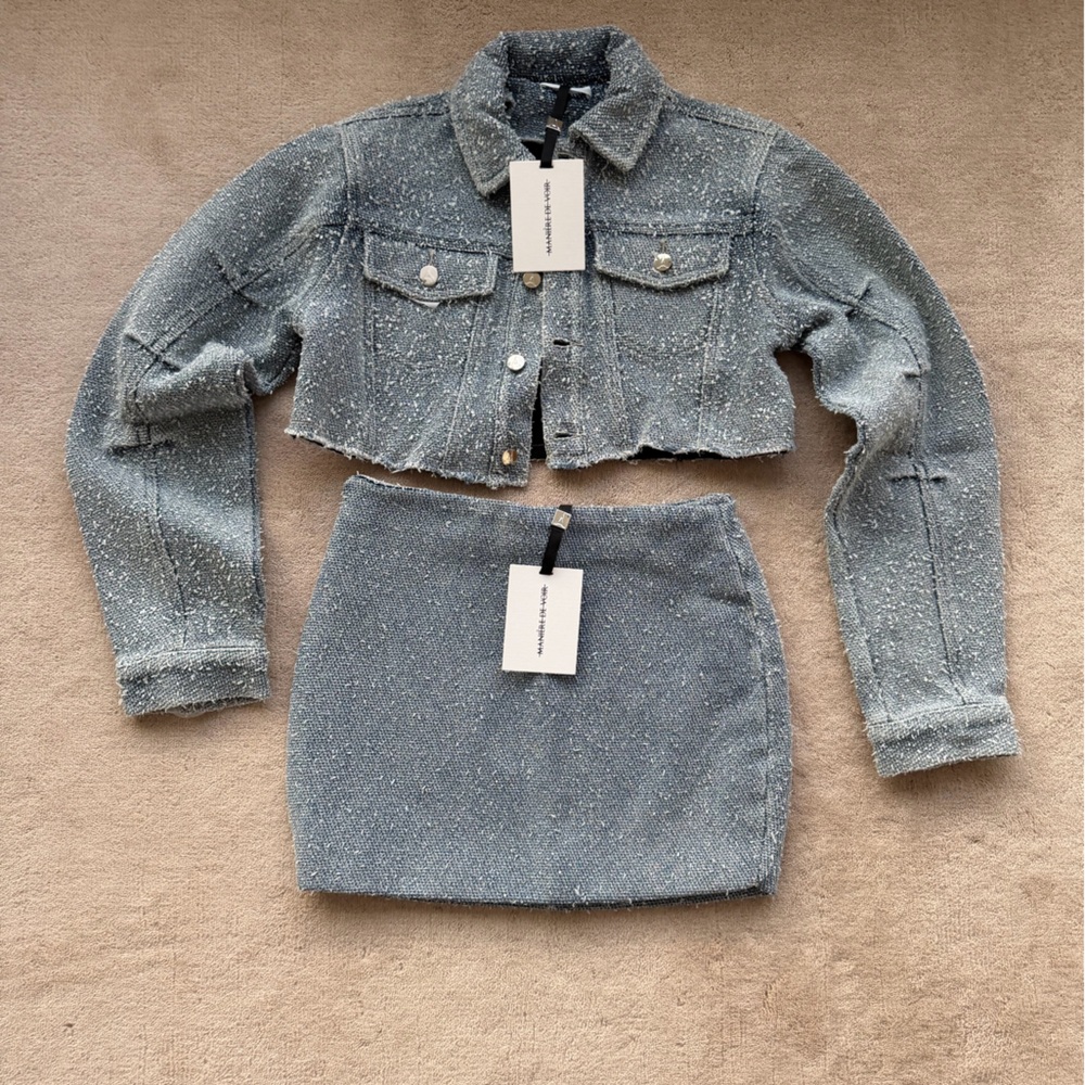 Maniere DeVoir Boucled Blue Jacket and Skirt